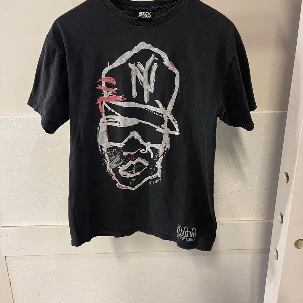 Edgy Black Graphic Tee with Red and White Accents